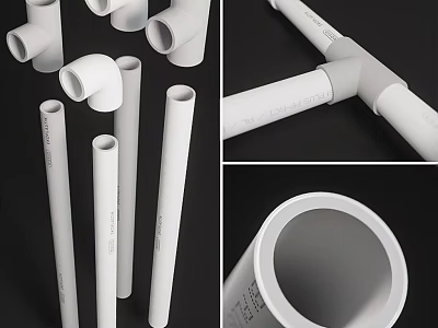 White PVC Plumbing Pipes And Various Fittings Like Straight Elbow And Tee 3d model