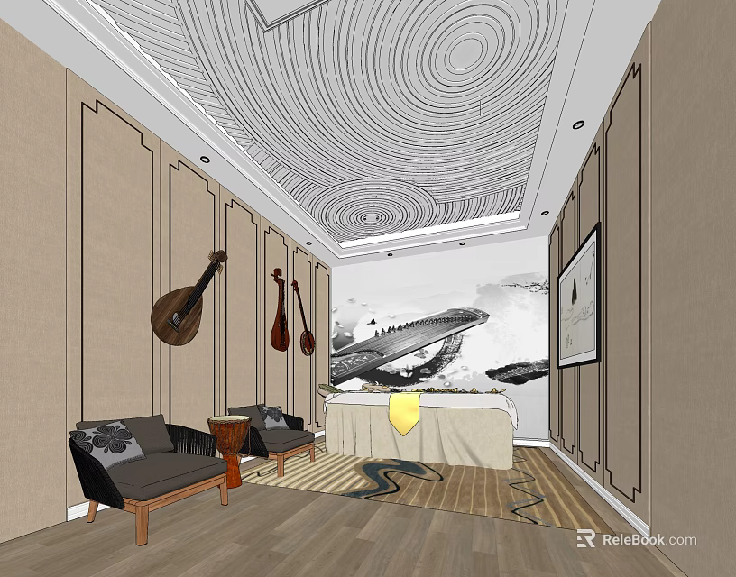SPA Sauna Interior Design Relaxing Environment with Wooden Paneling Ceiling Artwork and Comfortable Seating 3d model 