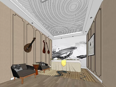 SPA Sauna Interior Design Relaxing Environment with Wooden Paneling Ceiling Artwork and Comfortable Seating 3d model