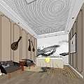 SPA Sauna Interior Design Relaxing Environment with Wooden Paneling Ceiling Artwork and Comfortable Seating