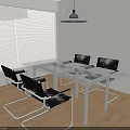 Modern Glass Top Dining Table Set With Black Chairs Metal Frame And Wooden Floor