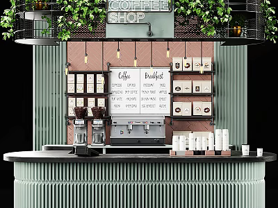 Functional Table in Coffee Shop with Green Plants Blackboard Menu and Coffee Machine 3d model