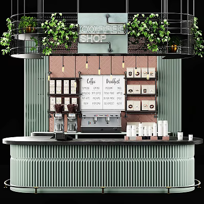 Functional Table in Coffee Shop with Green Plants Blackboard Menu and Coffee Machine 3d model