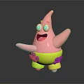 Happy Pink Starfish Character In Yellow Shorts With Purple Flowers And Open Arms