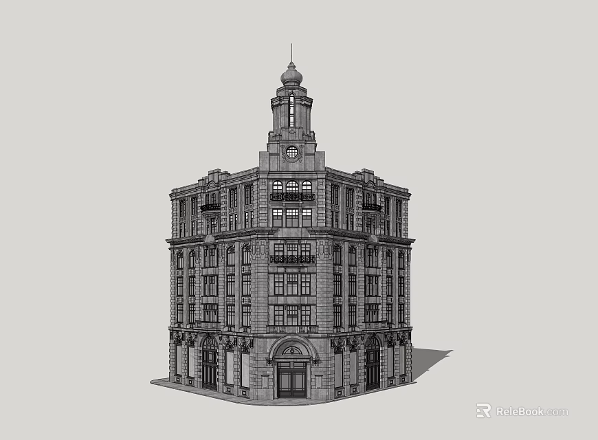 Ornate Multi Story Building With Tower And Arched Windows Design 3d model