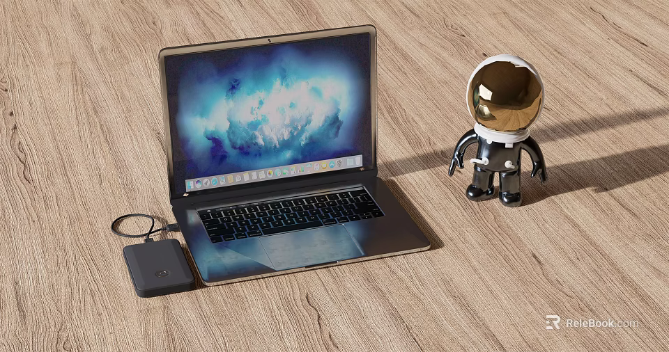 Sleek Laptop With Glowing Screen External Dock And Astronaut Figurine On Wooden Table 3d model 