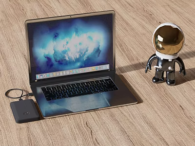 Sleek Laptop With Glowing Screen External Dock And Astronaut Figurine On Wooden Table 3d model