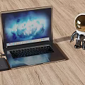 Sleek Laptop With Glowing Screen External Dock And Astronaut Figurine On Wooden Table
