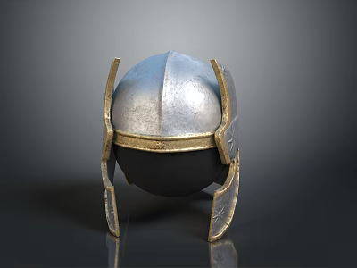Warrior Helmet With Silver Metallic Surface Golden Decorative Bands And Retro Side Protectors 3d model