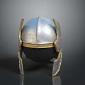 Warrior Helmet With Silver Metallic Surface Golden Decorative Bands And Retro Side Protectors