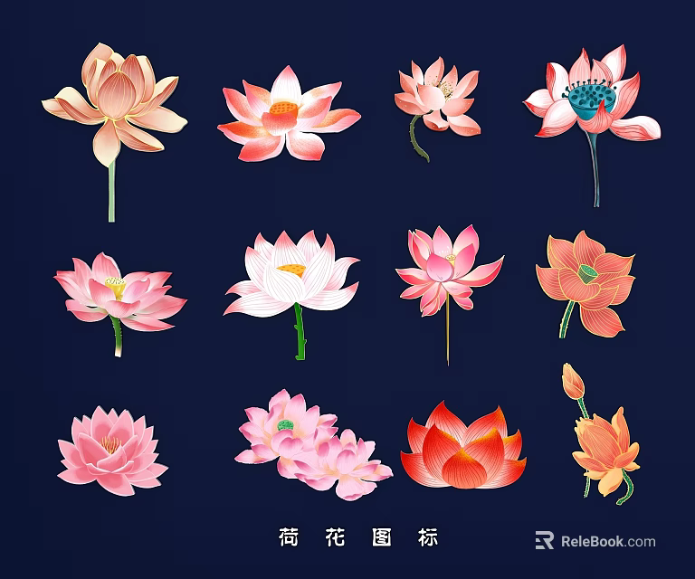 Colorful Lotus Icons Wall Decor With Various Pink Red Orange Flower Designs 3d model 