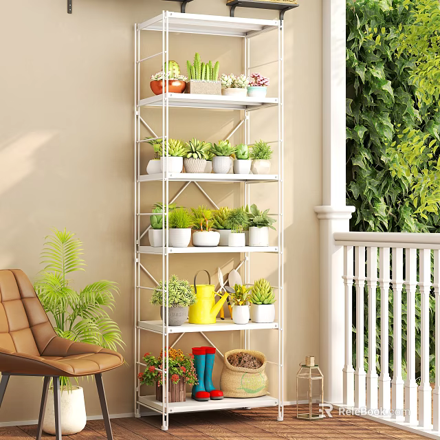 Balcony Decor with Hanging Basket Plants on White Multi-tiered Stand and Green Vine Wall 3d model 