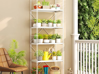 Balcony Decor with Hanging Basket Plants on White Multi-tiered Stand and Green Vine Wall 3d model