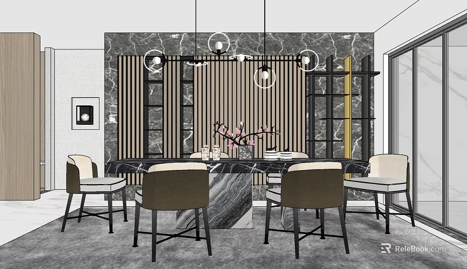 Modern Dining Table Set With Marble Backdrop Black Gold Grille And Chairs 3d model