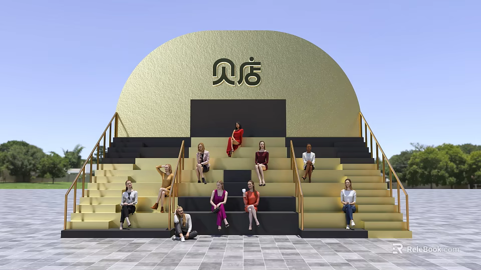 Golden Curved Beidian Building Group Photo Check-in Spot With Steps And People Taking 3d model 