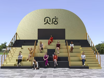 Golden Curved Beidian Building Group Photo Check-in Spot With Steps And People Taking 3d model