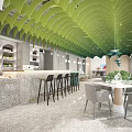 Elegant Restaurant Interior With Green Leaf Shaped Ceiling Pendant Lights Tables Chairs And Plants