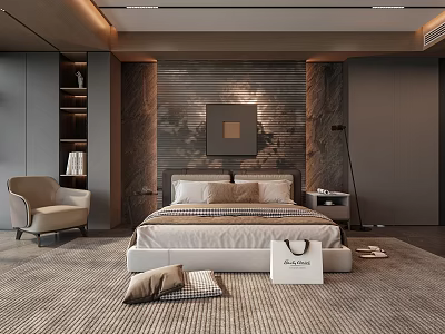 Modern Bedroom Interior Design With Large Bed Rug Wall Art And Accent Chair 3d model
