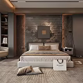 Modern Bedroom Interior Design With Large Bed Rug Wall Art And Accent Chair