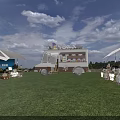 Garden Landscape With Green Lawn Ice Cream Truck White Tents And Outdoor Seating