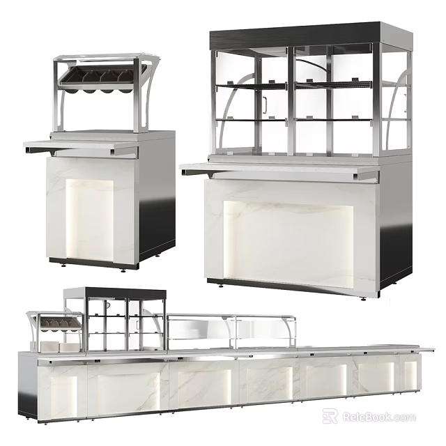 Stainless Steel Commercial Display Cabinets With Marble Countertops And Glass Doors 3d model 