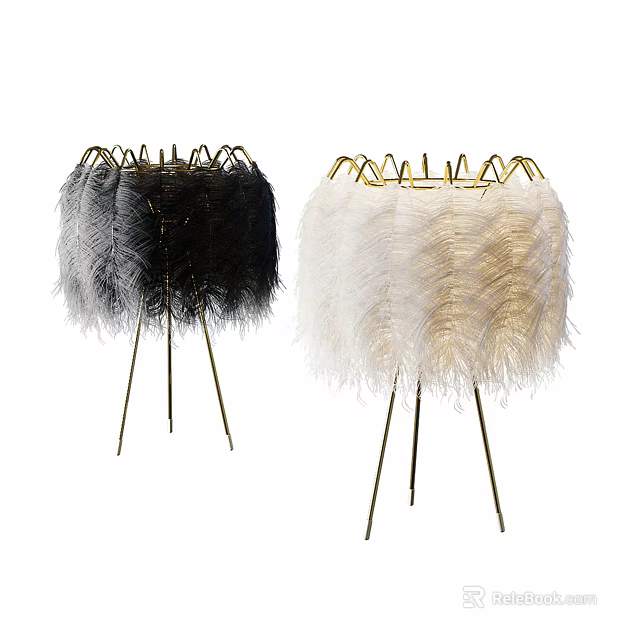 Black And White Feather Floor Lamp With Golden Metal Stand Modern Design 3d model 