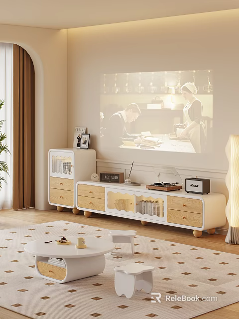 Modern White Wooden TV Stand in Cozy Living Room with Drawers Projector and Decorations 3d model 