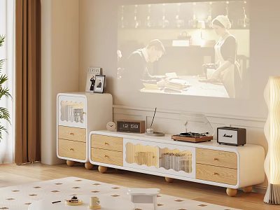 Modern White Wooden TV Stand in Cozy Living Room with Drawers Projector and Decorations 3d model