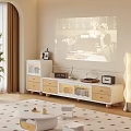 Modern White Wooden TV Stand in Cozy Living Room with Drawers Projector and Decorations