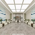 Elegant Front Desk Reception Area With Chinese Landscape Decor White Sofas Plants And Marble Floor