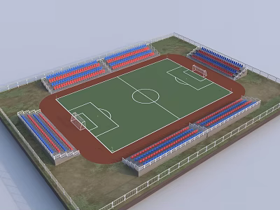 Football Field With Red And Blue Seated Stands Red Track Green Grass And Fence 3d model