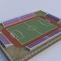 Football Field With Red And Blue Seated Stands Red Track Green Grass And Fence