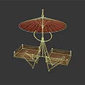Outdoor Scene Component With Red Umbrella And Wooden Trays On Metal Stand