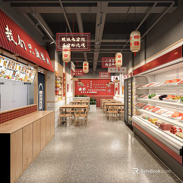 Chinese Restaurant Interior With Red Decor Lanterns Menu Display Dining Tables And Fresh Ingredients 3d model 