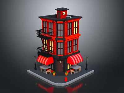 Cozy Indoor Restaurant Interior Featuring Red Decor Wooden Tables And Window Seats 3d model