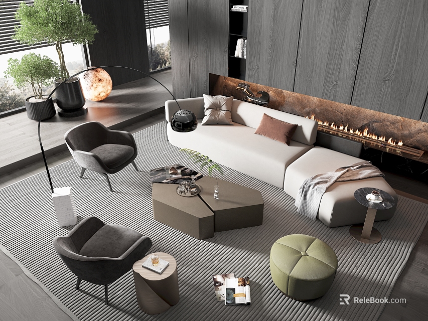 Modern Interior Design With White L-shaped Sofa Coffee Table Set Fireplace Green Plants And Rug 3d model 