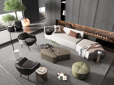 Modern Interior Design With White L-shaped Sofa Coffee Table Set Fireplace Green Plants And Rug 3d model