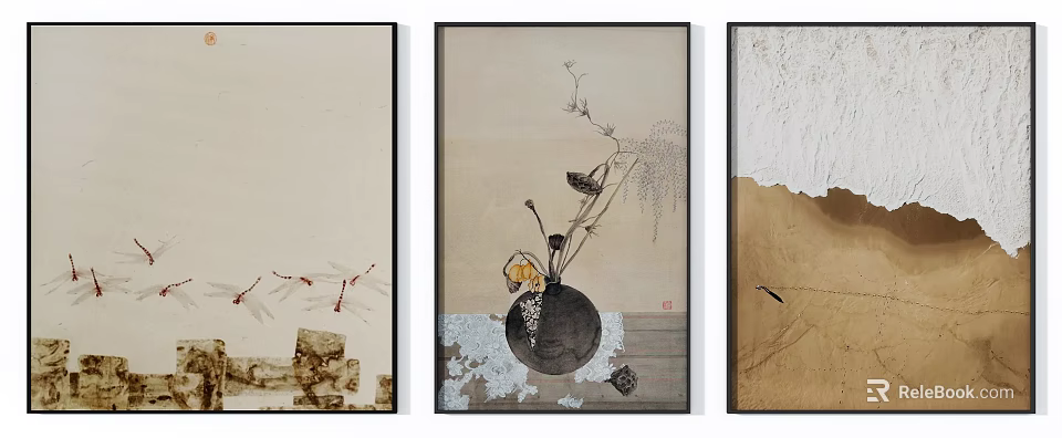 Three Piece Decorative Wall Art With Vase Floral Elements And Modern Design 3d model