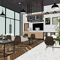 Modern Cafe Interior With Pendant Lights Large Windows Herringbone Floor And Bar Counter