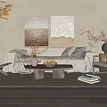 Cozy Sofa and Wooden Coffee Table Set with Cushions Blanket Plants Paintings and Rattan Chairs