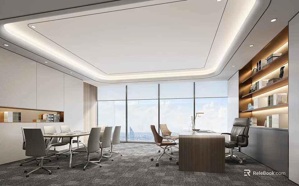 Modern Office Interior Design With Large Windows Conference Table Office Chairs And Bookshelves 3d model 