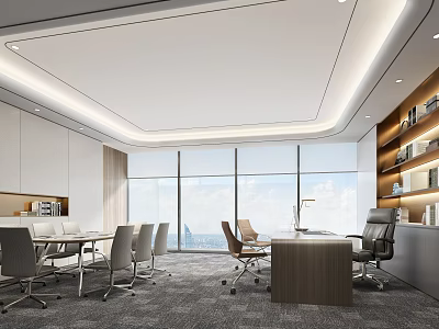 Modern Office Interior Design With Large Windows Conference Table Office Chairs And Bookshelves 3d model