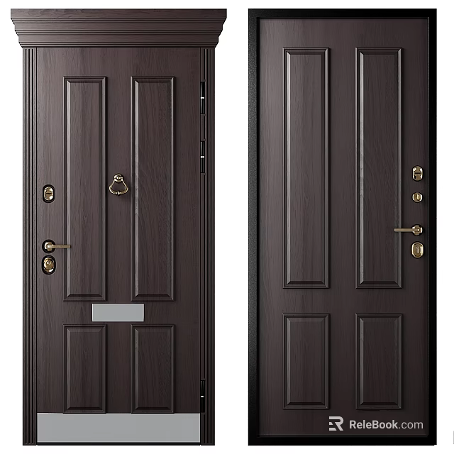 Dark Brown Paneled Wooden Door With Brass Handle And Lock Features 3d model 