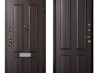 Dark Brown Paneled Wooden Door With Brass Handle And Lock Features 3d model