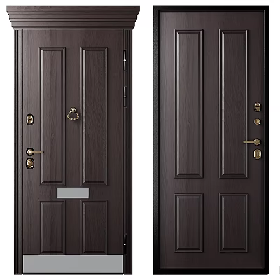Dark Brown Paneled Wooden Door With Brass Handle And Lock Features 3d model