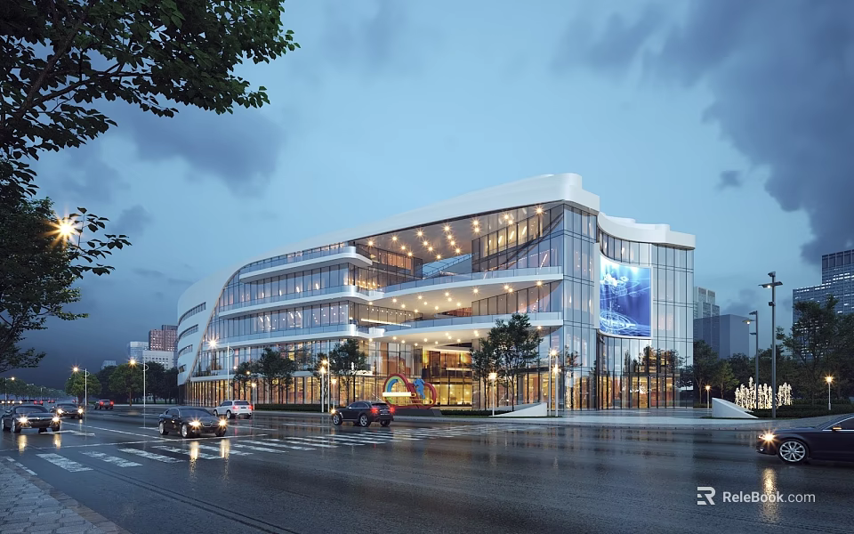 Modern Commercial Street With Multi Storey Glass Curtain Wall Evening Lighting Street Trees And Cars 3d model 