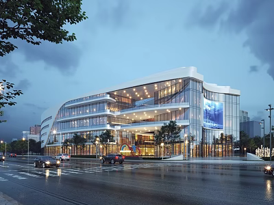 Modern Commercial Street With Multi Storey Glass Curtain Wall Evening Lighting Street Trees And Cars 3d model