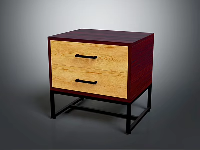 Modern Bedside Table With Two Drawers Wooden Front Dark Body And Black Metal Frame 3d model