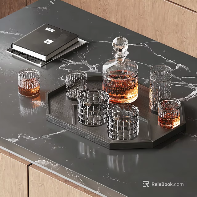 Elegant Crystal Decanter And Whiskey Glasses On Tray Over Marble Countertop 3d model 