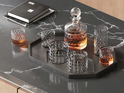 Elegant Crystal Decanter And Whiskey Glasses On Tray Over Marble Countertop 3d model